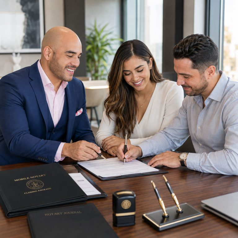 Documents, notary journal and seal arranged for a mobile appointment