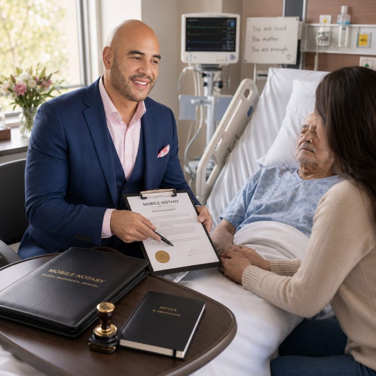 Carlos Zuniga calmly reviewing an acknowledgment form with a family member at a hospital bedside
